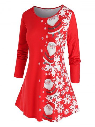Plus Size Santa Snowflake Print Asymmetric T Shirt - RED - 4X