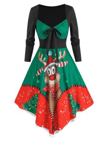 Cartoon Elk Print Bowknot Flare Dress - PINE GREEN - 3XL