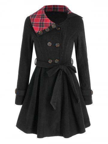 Plaid Crossover Double Breasted Skirted Coat - BLACK - 3XL