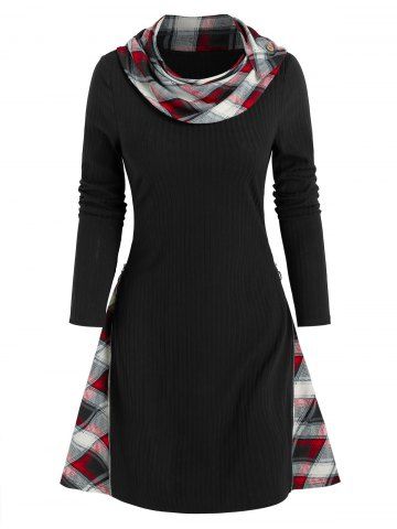 Plaid Insert Ribbed Convertible Sweater Dress - BLACK - M