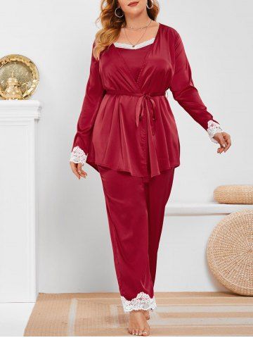 Plus Size Satin Lace Trim Three Piece Pajamas Set - RED - 3X