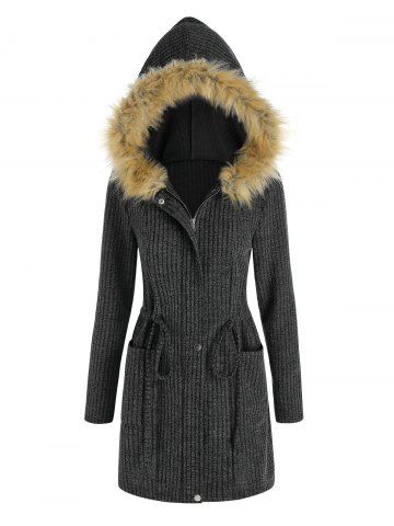 Drawstring Faux Fur Panel Hooded Ribbed Coat - BLACK - 3XL