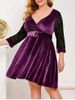 Mesh Panel Flocked Velvet Plus Size Surplice Dress -  
