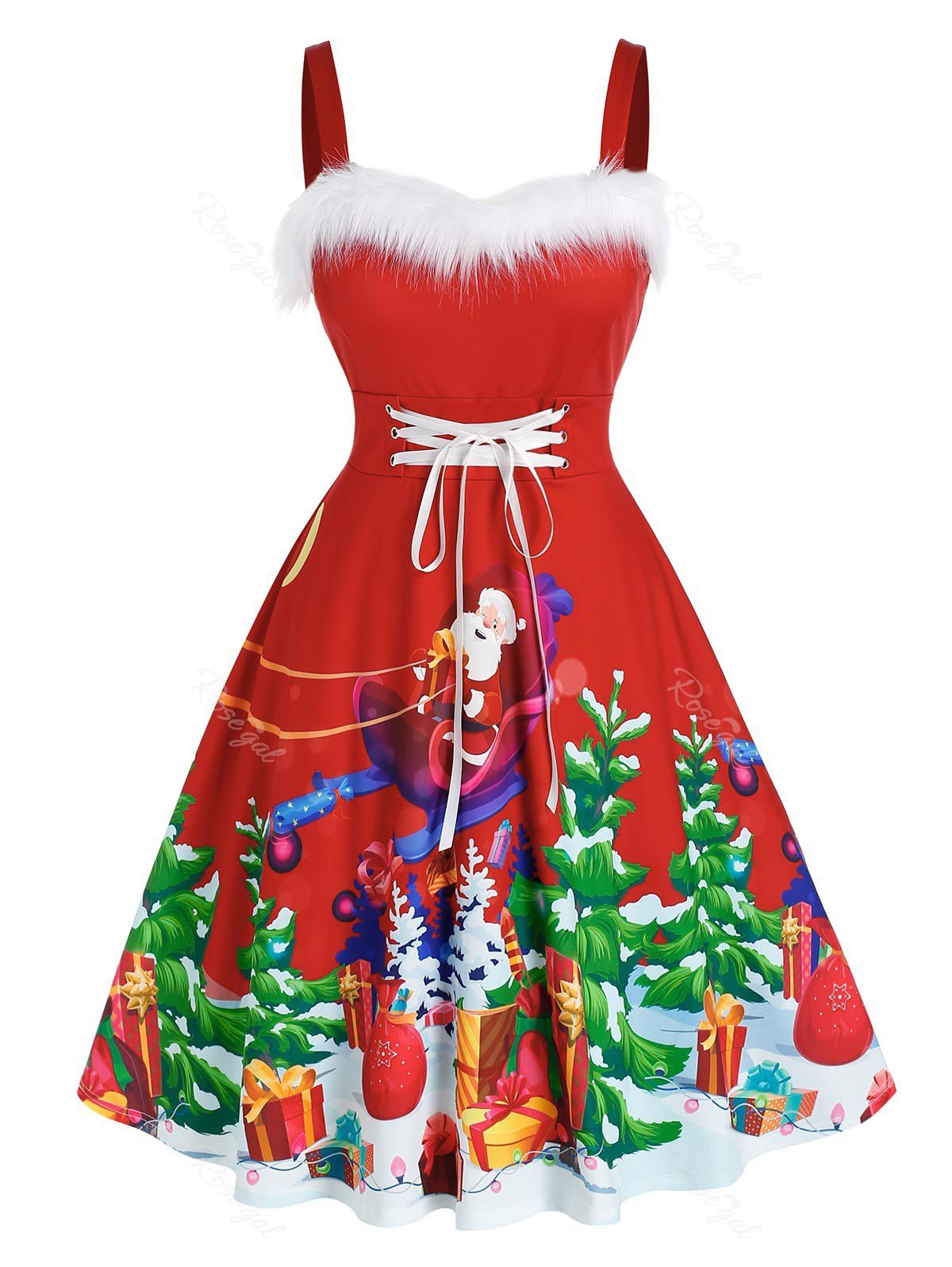 Best Plus Size Christmas Claus Gift Lace-up Faux Fur Dress  