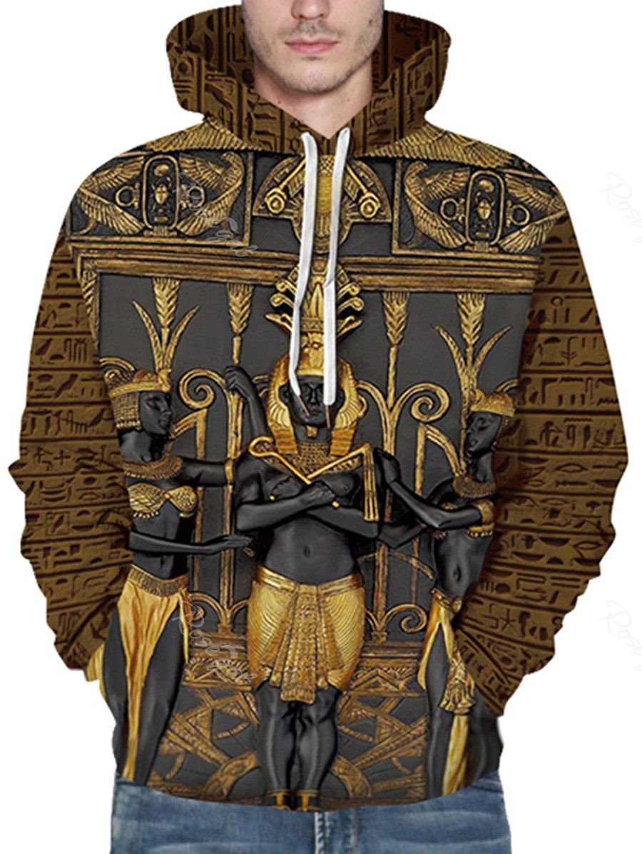 

3D Print Pharaoh Front Pocket Drawstring Hoodie, Deep brown