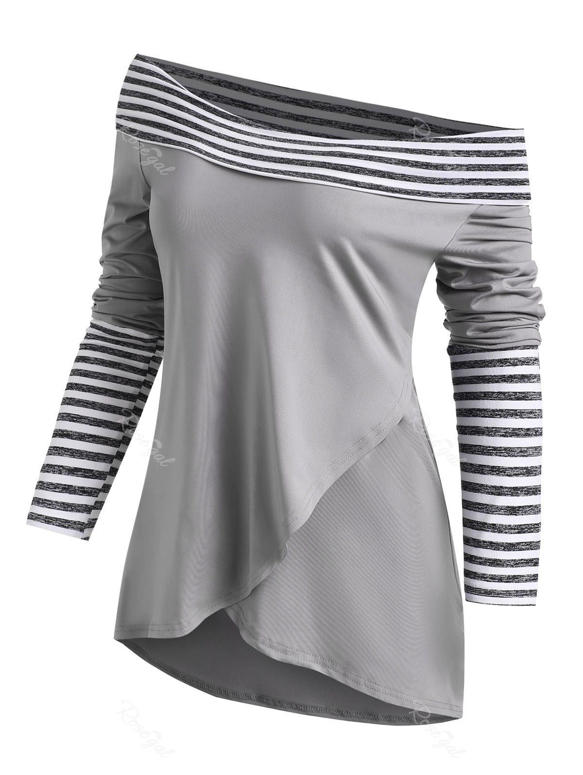 

Stripes Panel Overlap Front Cowl Neck Tee, Gray
