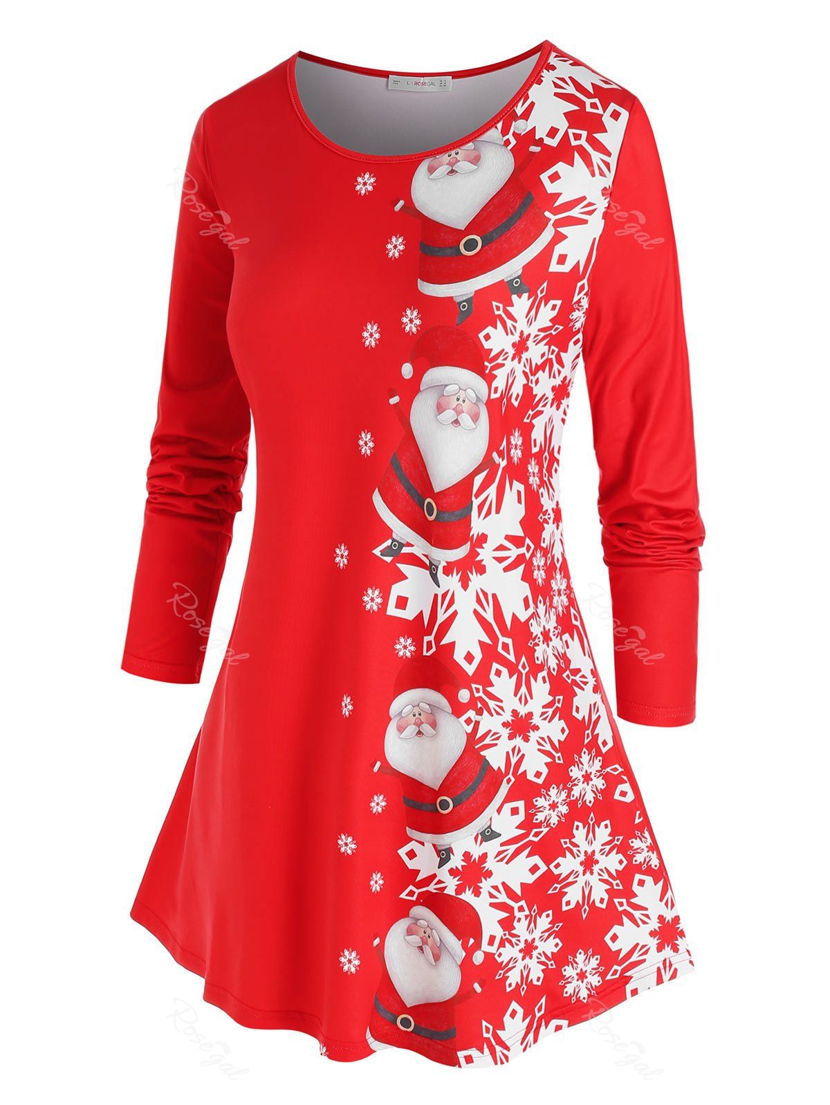 T-shirt Asymétrique Père Noël et Flocon de Neige Imprimés de Grande Taille Rouge 5X