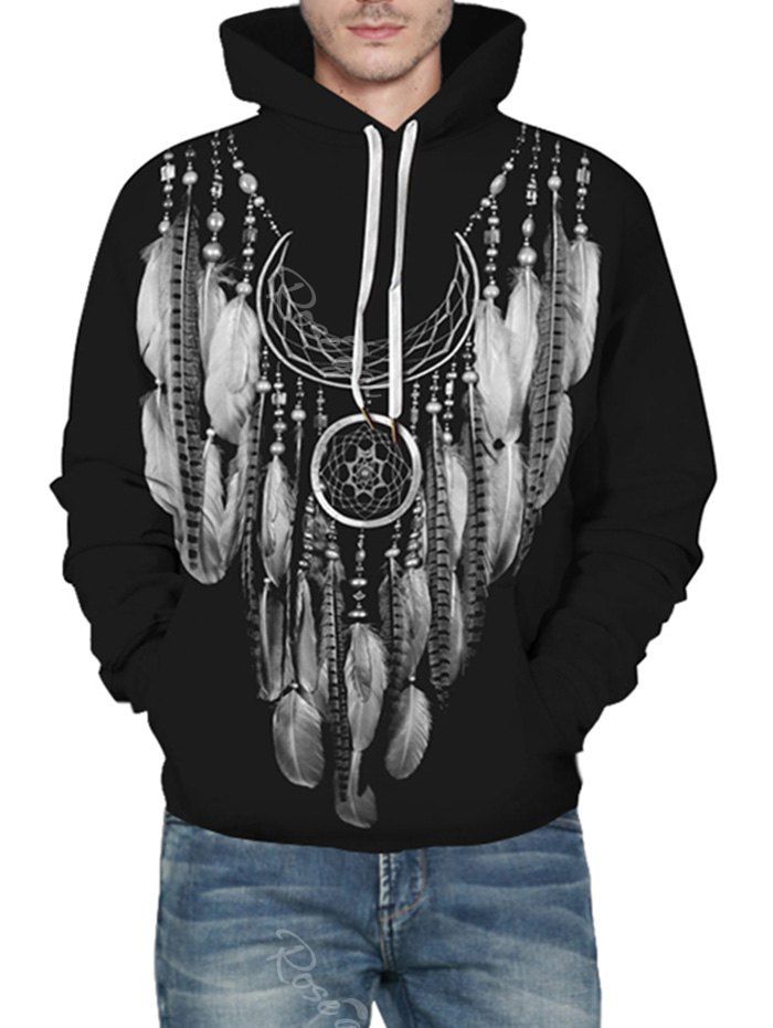 

Drawstring Front Pocket Feather Graphic Hoodie, Black