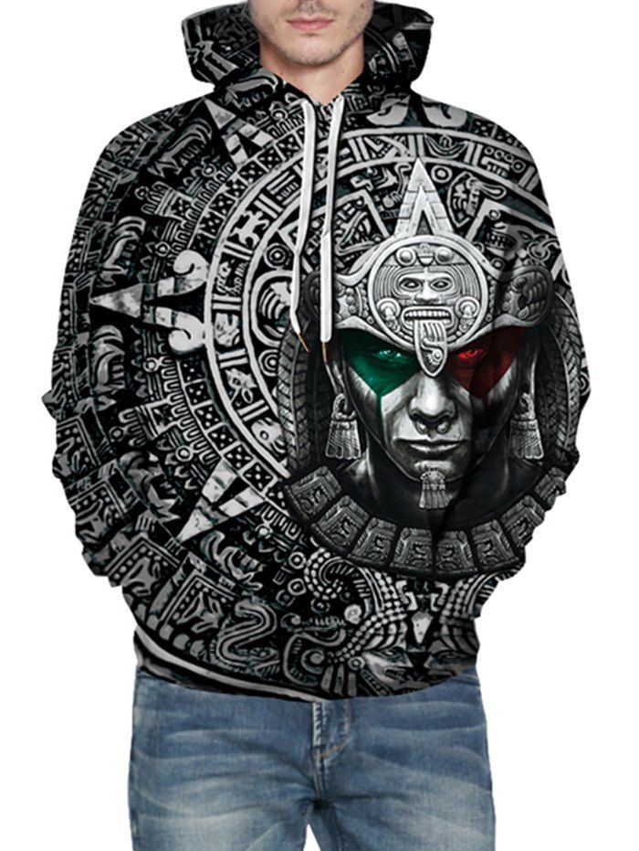 

3D Print Vintage Front Pocket Drawstring Hoodie, Black