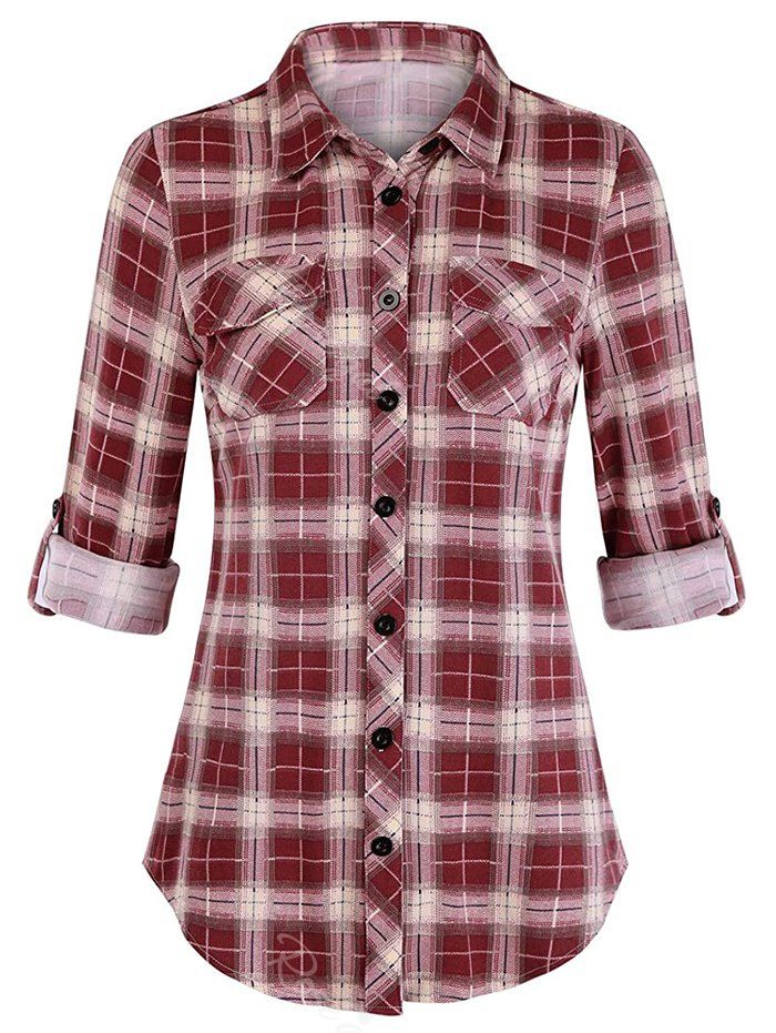 

Plus Size Plaid Roll Up Sleeve Shirt, Red wine