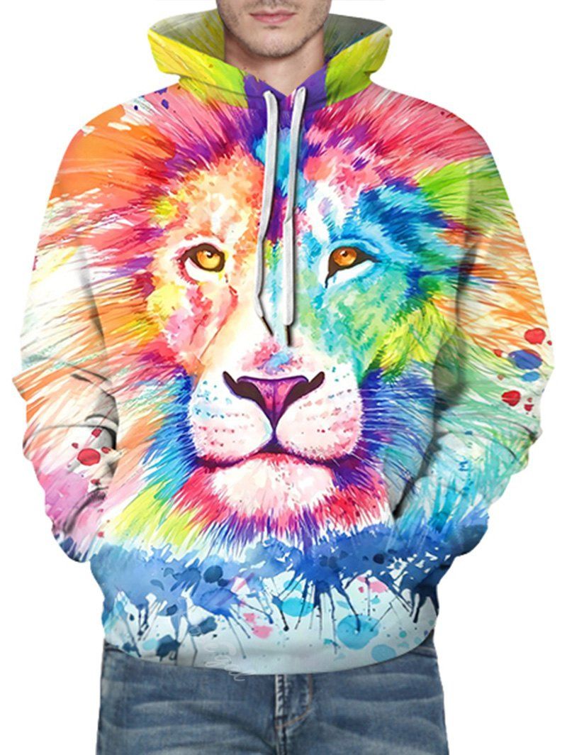 

Paint Splatter Lion Print Front Pocket Drawstring Hoodie, Fantastic