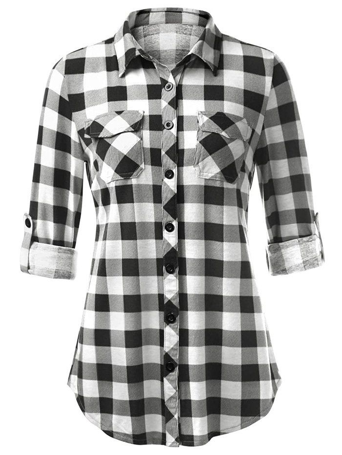 

Plus Size Plaid Roll Up Sleeve Shirt, Black