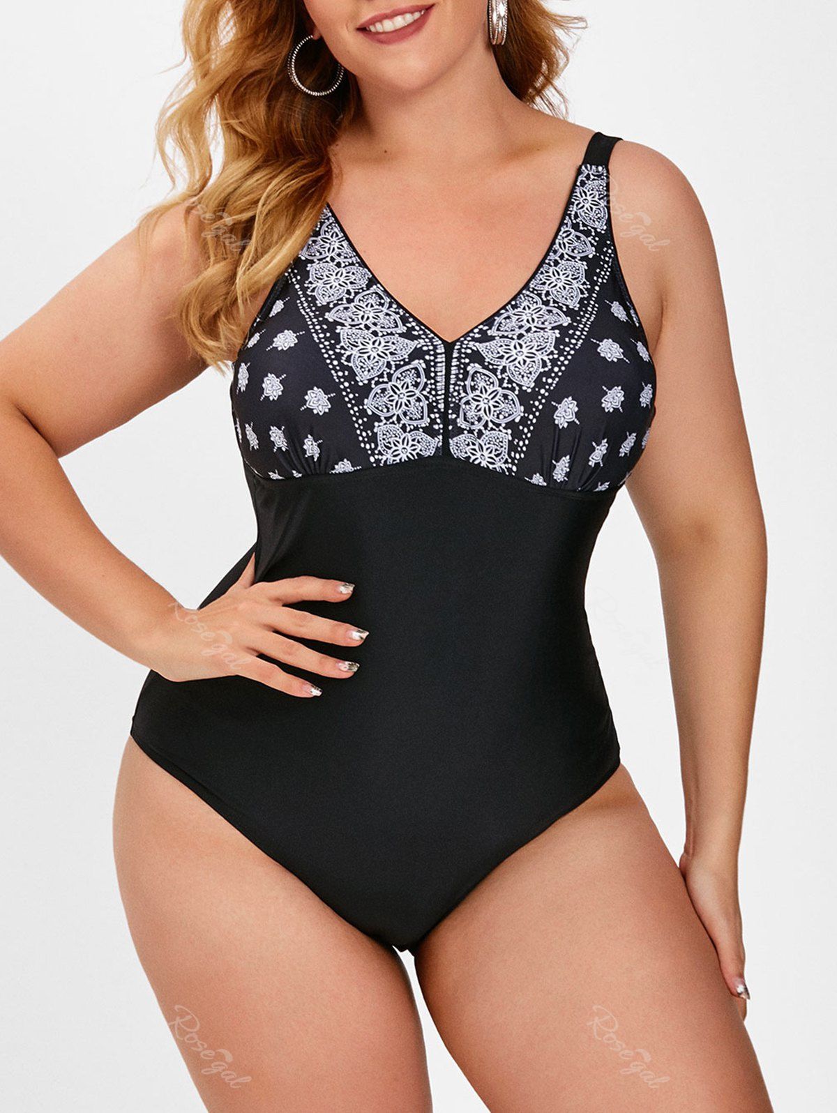 

Plus Size Back Knot Ethnic Printed One-piece Swimsuit, Black