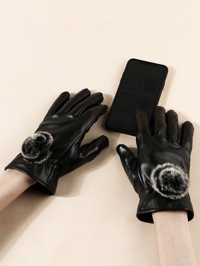 

Faux Fur Pom Pom PU Gloves, Black
