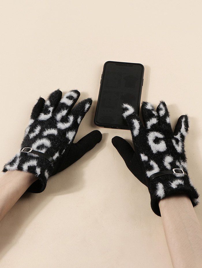 

Buckle Leopard Screen Touching Fluffy Gloves, Black