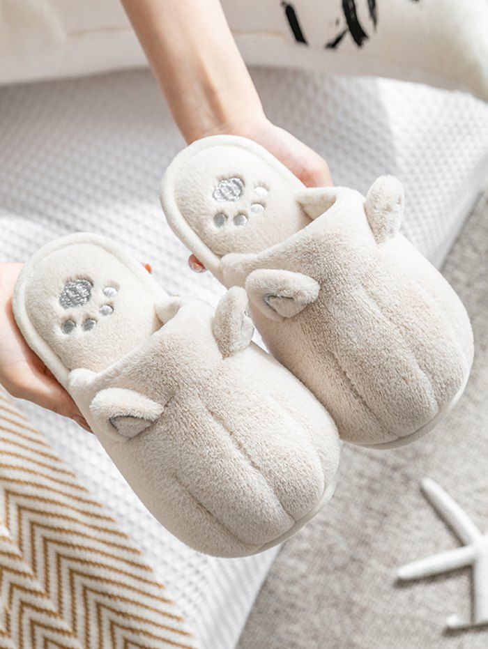 

Animal Ear Faux Fur Flat Slippers, Beige