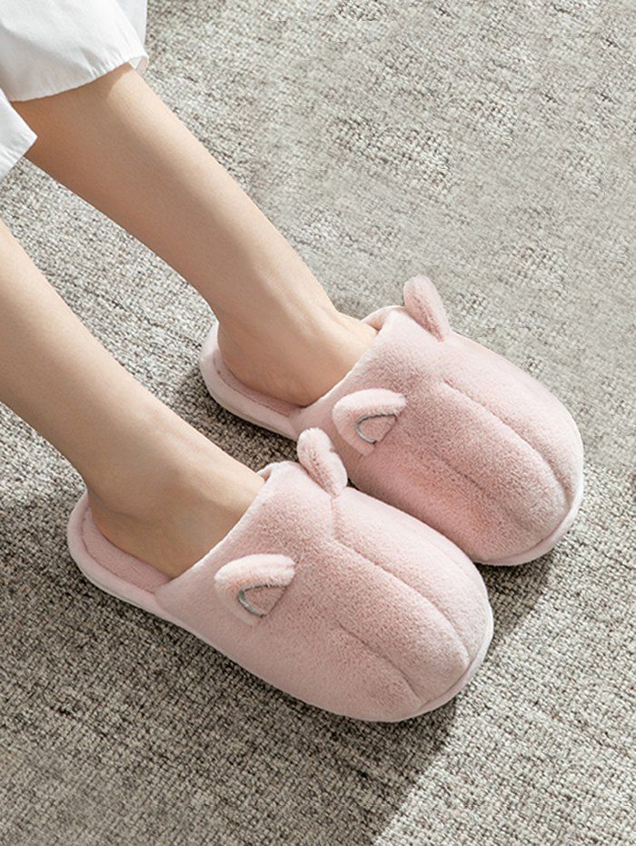 

Animal Ear Faux Fur Flat Slippers, Pink