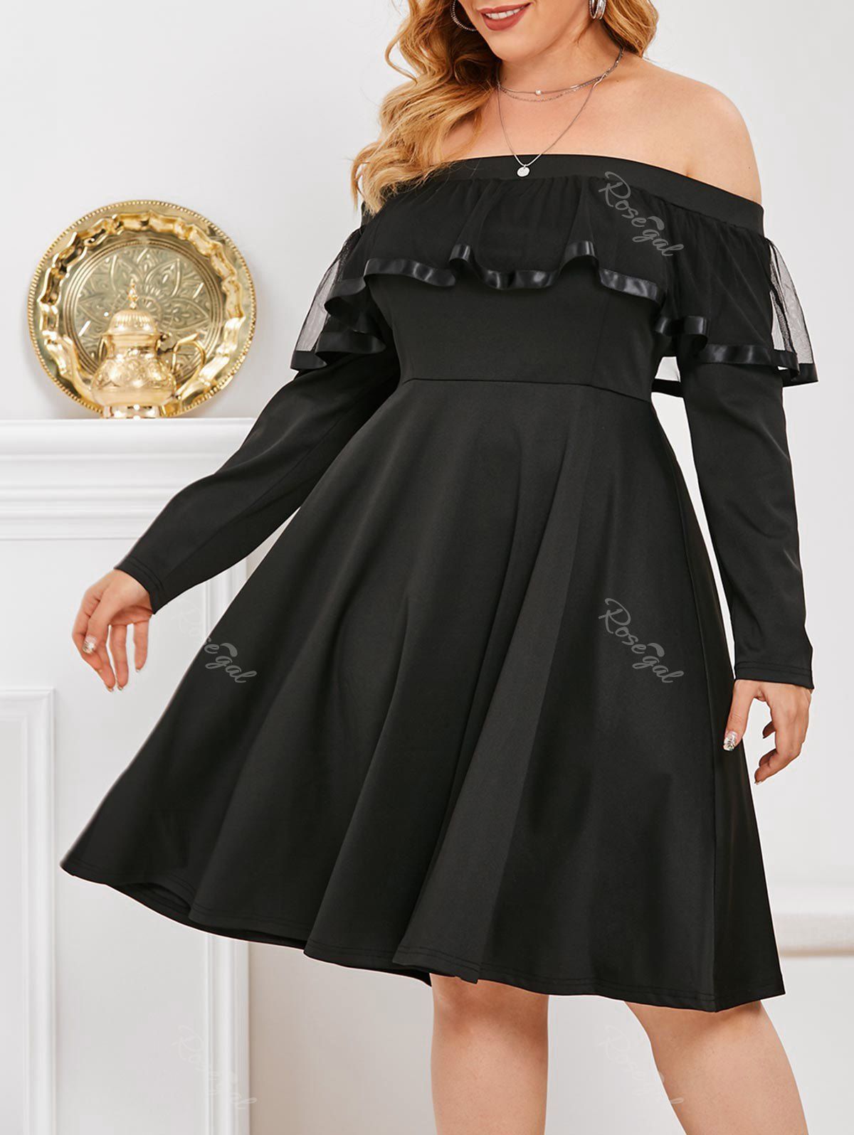 Outfits Plus Size Mesh Ruffled Off The Shoulder Dress  