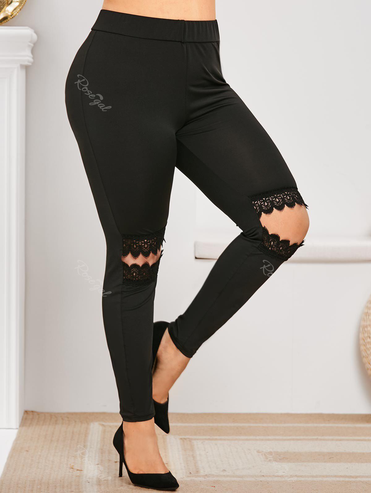 Sale Plus Size Lace Panel Cut Out Skinny Pants  