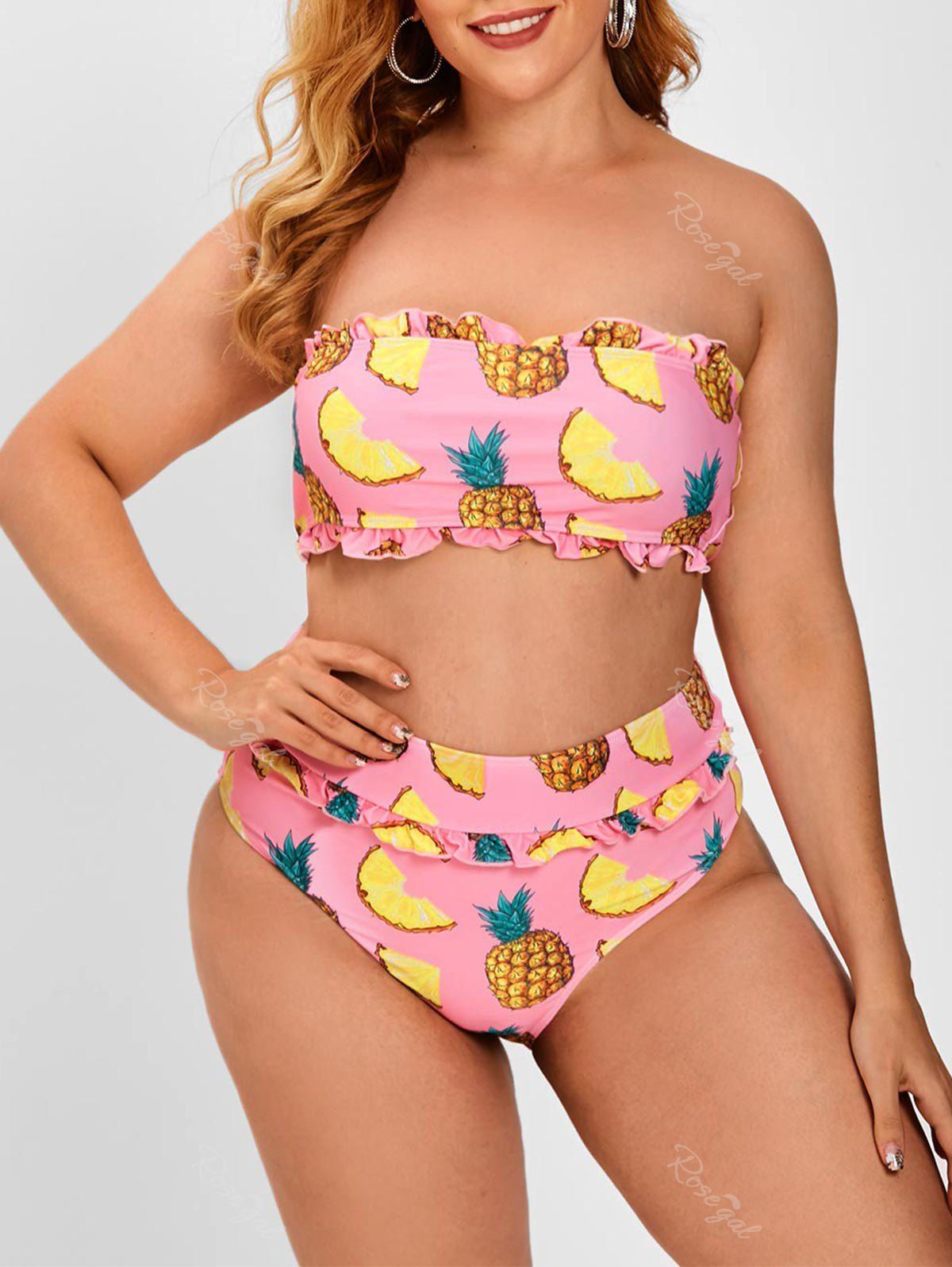 

Frilled Pineapple Print Plus Size Bandeau Bikini Swimwear, Light pink