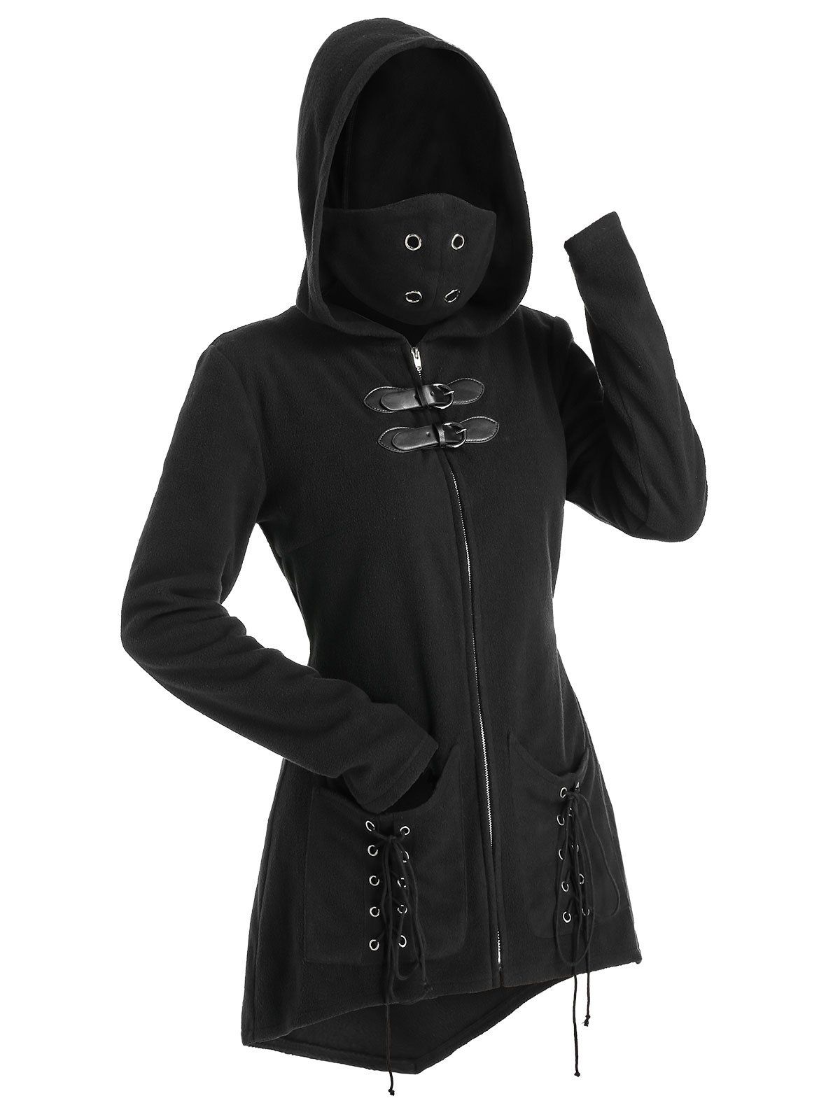 

Hooded Lace-up Double Pockets Zip Up Wool Blend Mask Coat, Black