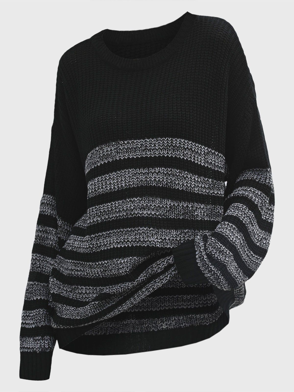 

Crew Neck Striped Oversized Slouchy Sweater, Black