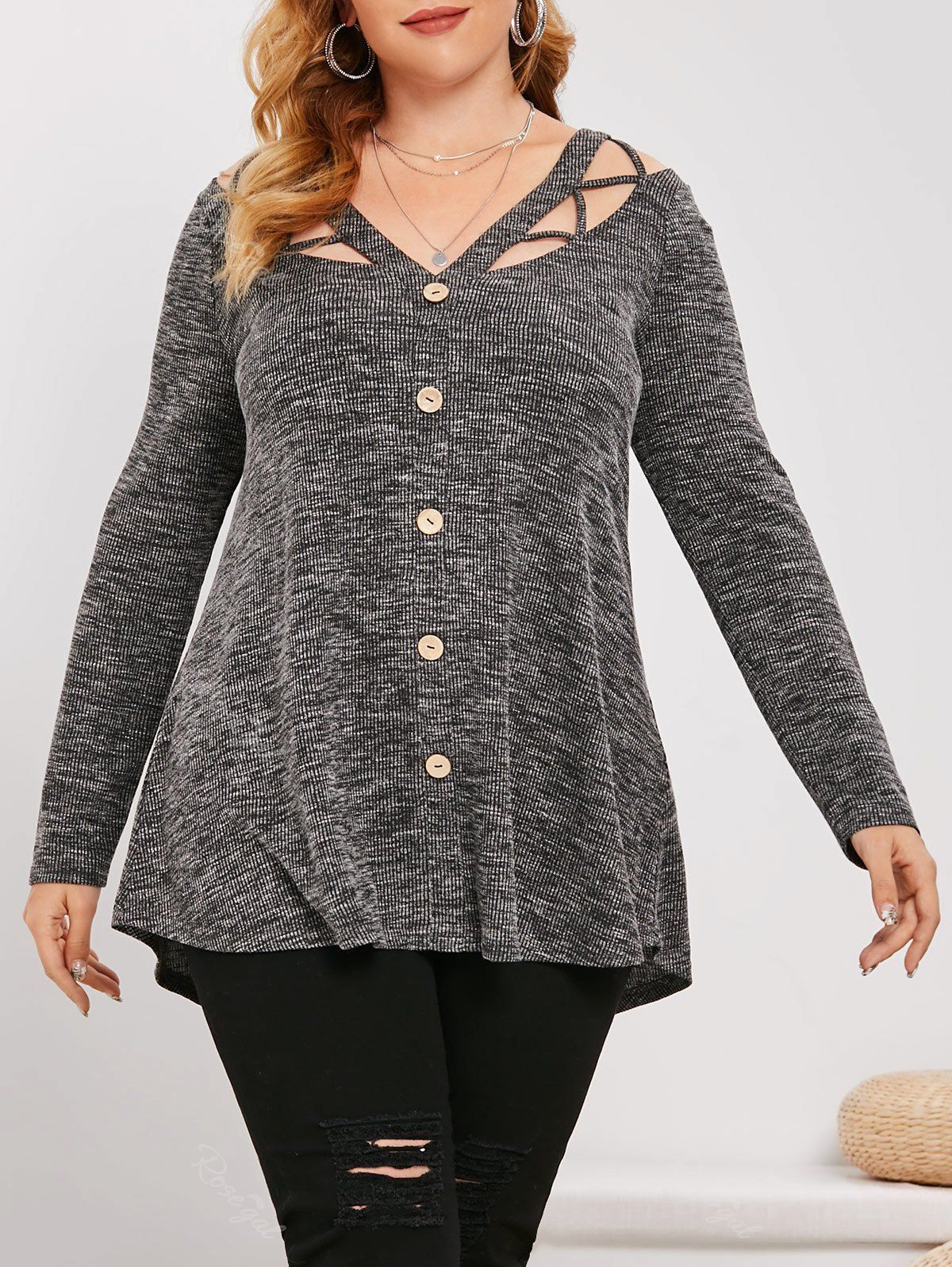 Discount Plus Size Heathered Cutout Knitwear  