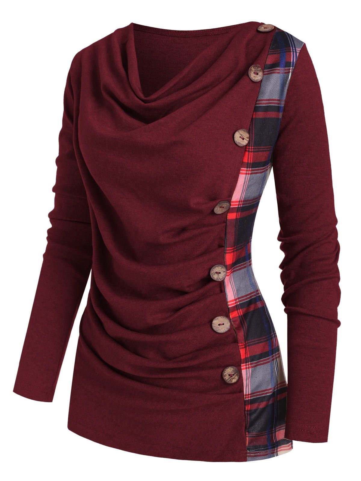 

Cowl Neck Plaid Panel Mock Button Knitwear, Deep red