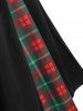 Plaid Panel Bowknot Button Embellished Dress -  