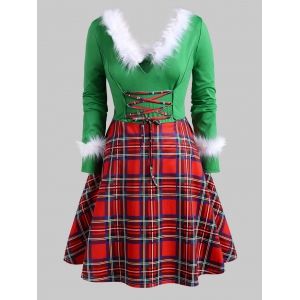 

Christmas Faux Feather Plaid Lace Up Plus Size Dress, Green