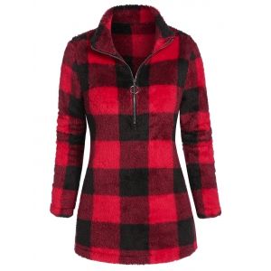 

Half Zipper Plaid Plush Sweatshirt, Red