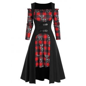 

Christmas Off Shoulder Plaid Elk Print Dress and Buckle Top Set, Black