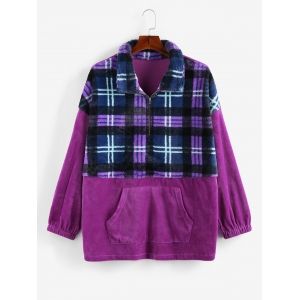 

Plus Size Patchwork Half Zipper Plaid Sweatshirt, White