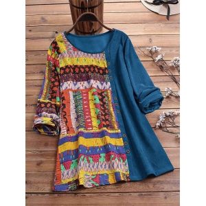 

Plus Size Ethnic Print Mixed Media Corduroy Top, Blue