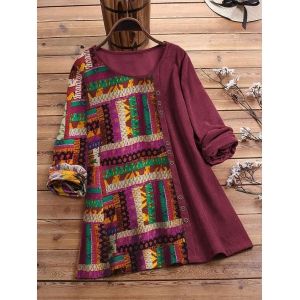

Plus Size Ethnic Print Mixed Media Corduroy Top, Deep red