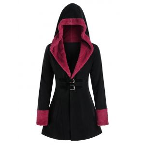 

Plus Size Faux Fur Insert Hooded Buckle Front Coat, Black