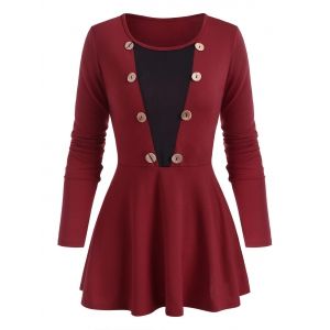 

Two Tone Mock Button Long Sleeve T Shirt, Red