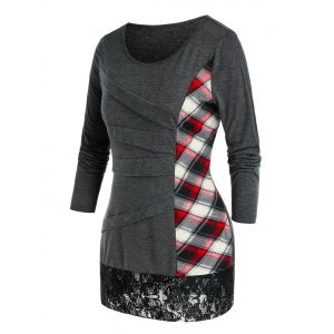 

Plus Size Patchwork Plaid Lace Panel T Shirt, Dark gray