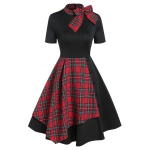 

Vintage Bowknot Plaid Fit and Flare Dress, Black