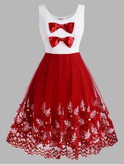Christmas Bowknot Plant Embroidered Sequins Plus Size Dress - RED - L