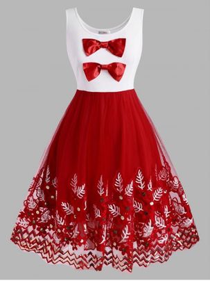 Christmas Bowknot Plant Embroidered Sequins Plus Size Dress
