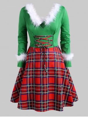 Christmas Faux Feather Plaid Lace Up Plus Size Dress