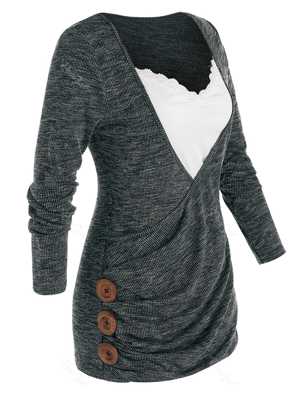 

Plus Size Lace Insert Colorblock Mock Button Surplice T Shirt, Black