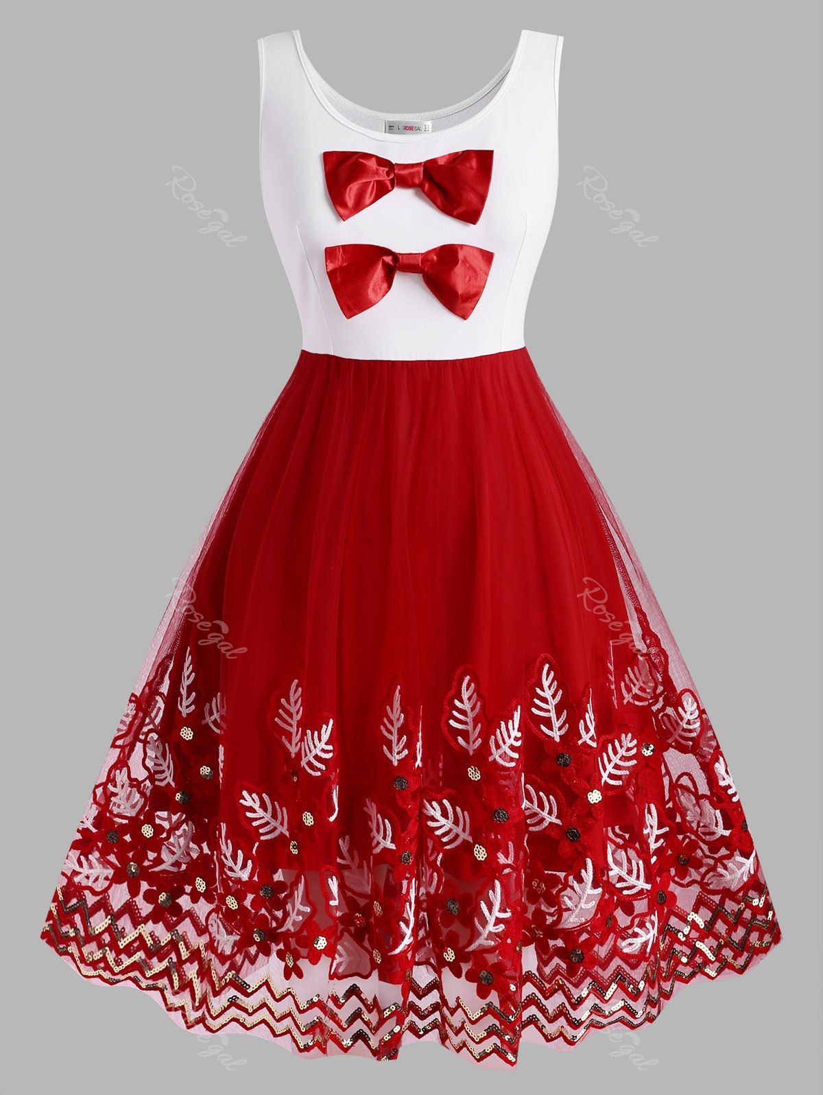 Chic Christmas Bowknot Plant Embroidered Sequins Plus Size Dress  