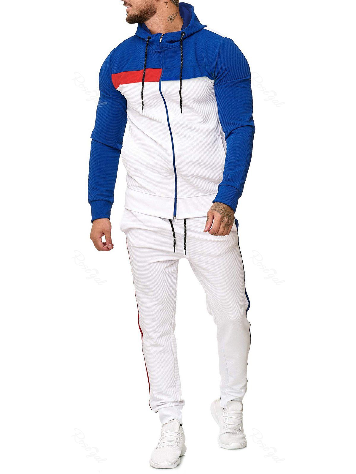

Contrast Zip Up Hoodie and Sports Pants Two Piece Set, Blue