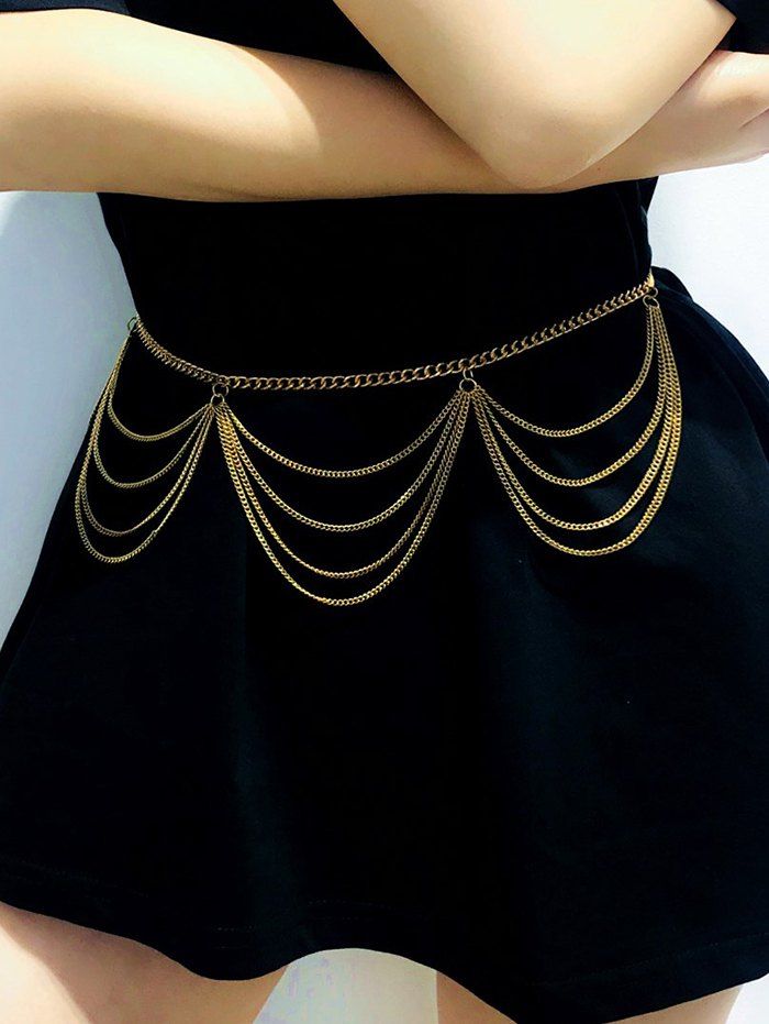 

Multilayered Wavy Metal Waist Chain, Golden