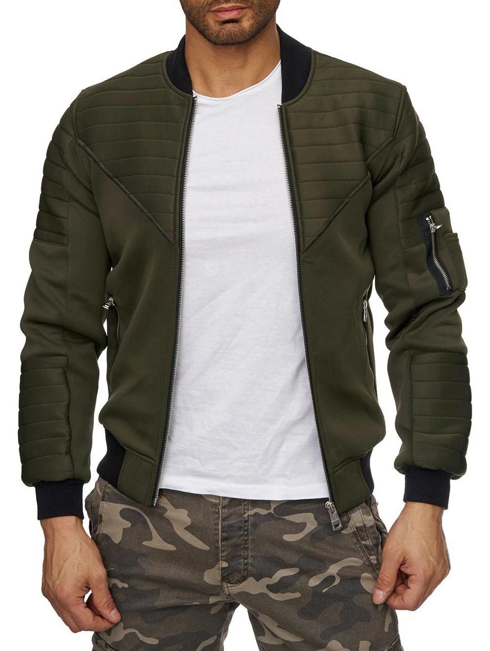

Zipper Pockets Stitching Detail Zip Up Jacket, Army green