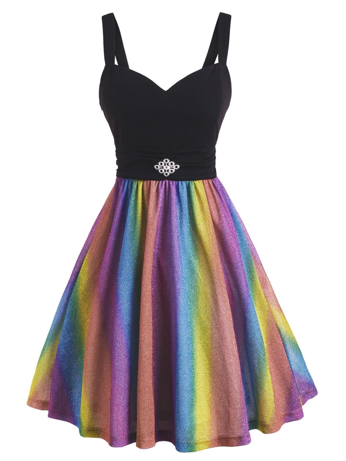 

Rainbow Metallic Thread Ruched Rhinestone Pin Waist Dress, Multi