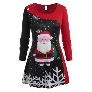 

Plus Size Christmas Santa Claus Print Bicolor T Shirt, Red