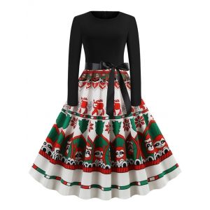 

Christmas Pattern Belted Long Sleeve Dress, Multi